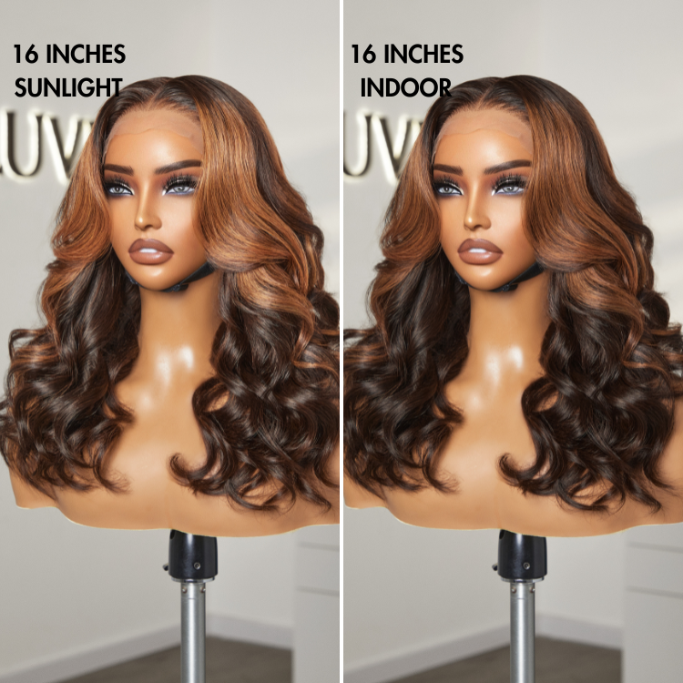 Luvme Hair 180% density copper ombre loose body wave 5x5 closure wig with breathable cap and glueless design.