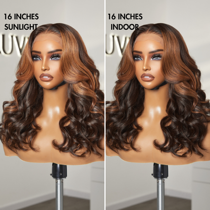 Luvme Hair 180% density copper ombre loose body wave 5x5 closure wig with breathable cap and glueless design.