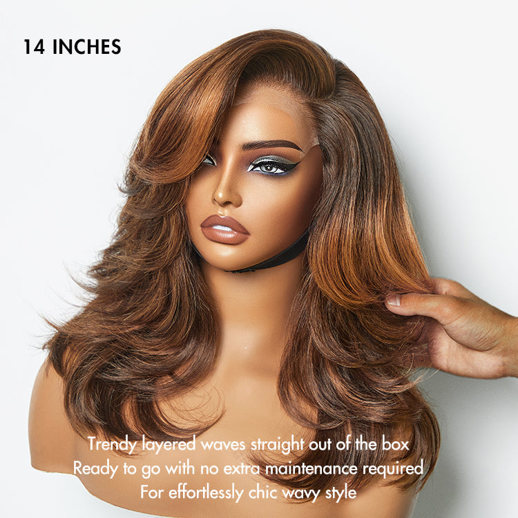 Luvme Hair butterfly layered lace wig with shoulder-length brown highlights, glueless minimalist HD lace, natural hairstyle.