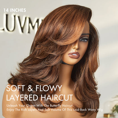Luvme Hair butterfly lace wig with shoulder-length, brown highlights, pre-layered, glueless, minimalist HD lace for a chic look.