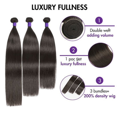 Upgraded Brazilian straight virgin human hair bundles in a 3-piece set from Luvme Hair, neatly arranged on a white background.