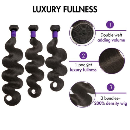 Three Brazilian body wave hair bundles by Luvme Hair, 100% virgin human hair, displayed in natural wave texture.