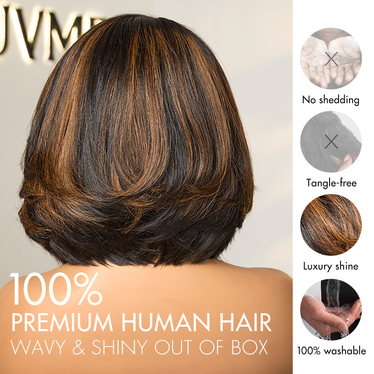 Luvme Hair brown layered bob blowout 5x5 lace closure wig with human hair and pre-cut lace for natural styling.