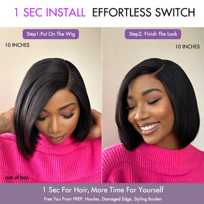 Luvme Hair layered cut Yaki straight minimalist lace wig with a left C-part, glueless design, ready-to-wear HD lace bob wig.