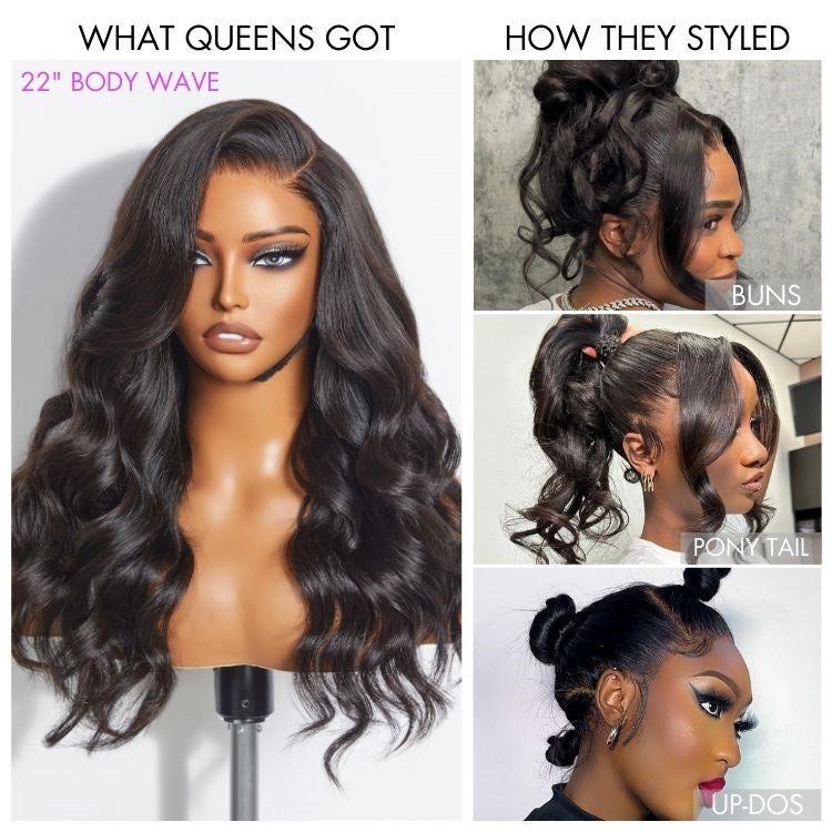 Luvme full lace wig with natural black body wave texture, half up half down style, pre-cut lace, and drawstring cap for easy wear.