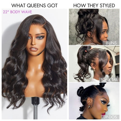 Luvme full lace wig with natural black body wave texture, half up half down style, pre-cut lace, and drawstring cap for easy wear.
