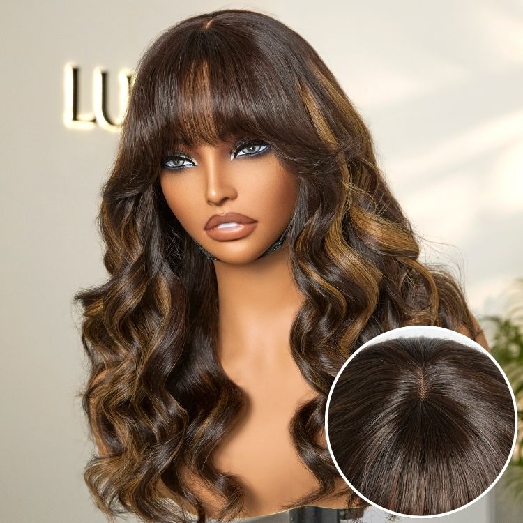 Luvme Hair blonde highlight minimalist lace wig with loose waves, bangs, glueless design, natural scalp appearance