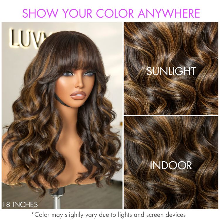 Luvme Hair blonde highlight minimalist lace wig with loose waves, bangs, and glueless design for natural-looking hair.