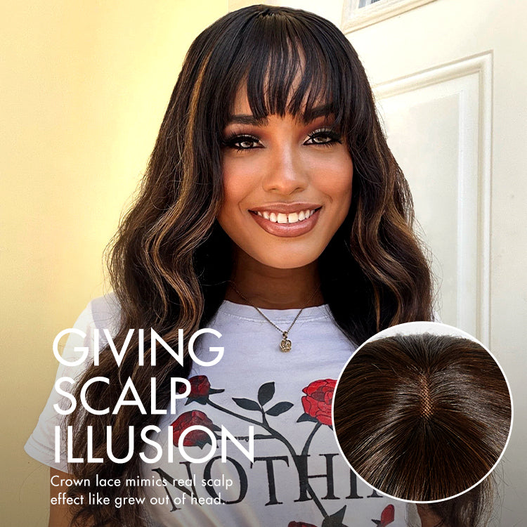 Luvme Hair blonde highlight minimalist lace wig with loose waves and bangs, showcasing natural hairline and soft texture.