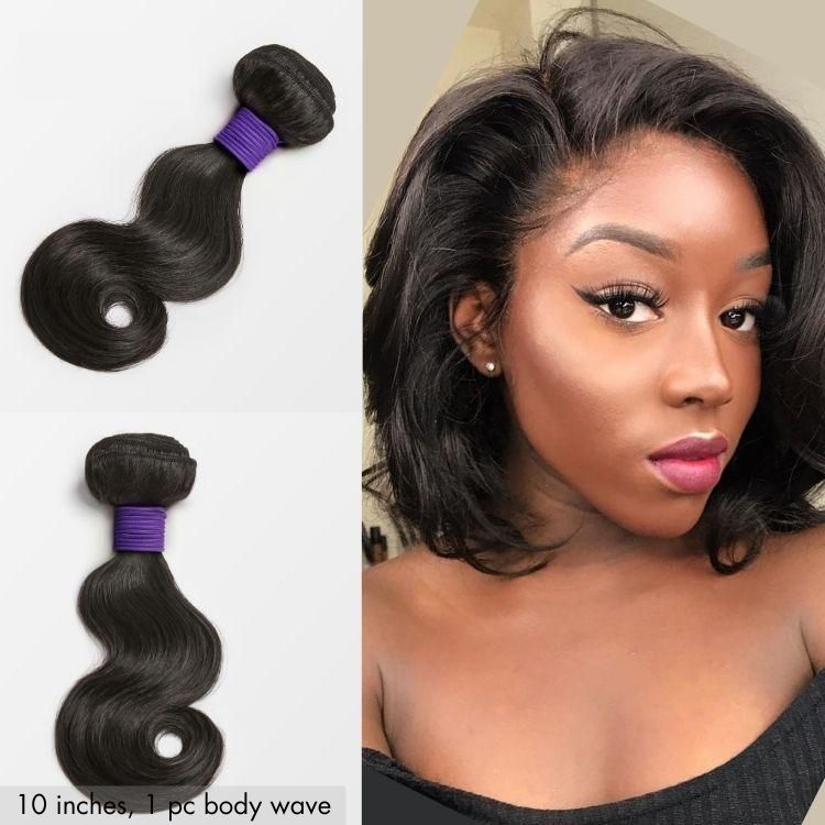 Upgraded Brazilian Virgin Human Hair bundles in straight and body wave styles by Luvme Hair, shown in a natural hair bundle display.