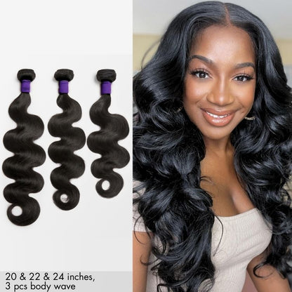 Luvme Hair upgraded Brazilian virgin human hair bundles in straight or body wave styles, 1 or 3-piece set.
