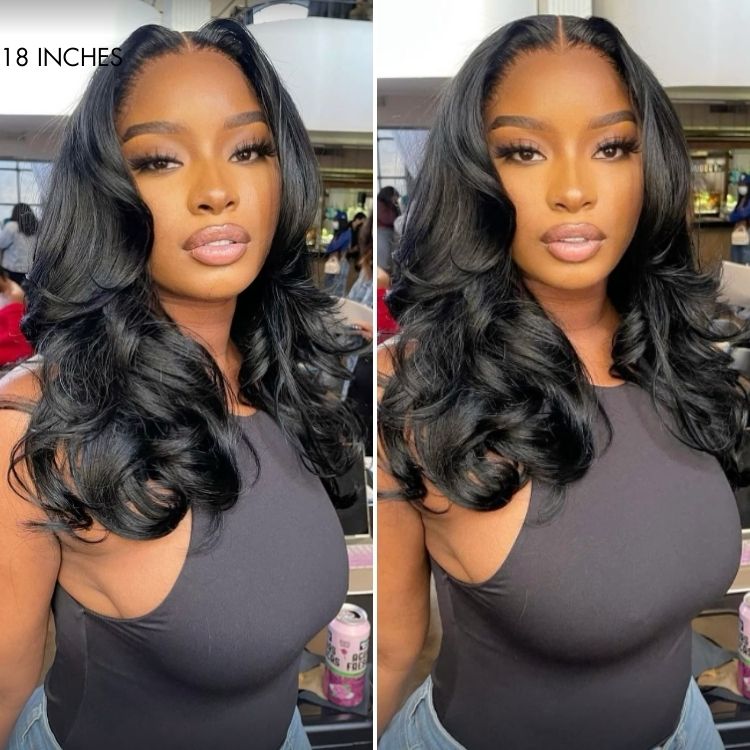 Luvme layered loose body wave 5x5 closure glueless HD lace wig with mid-part, long, natural-looking hair.