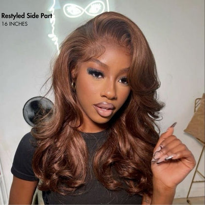 Luvme chestnut brown loose wave 5x5 closure lace glueless long wig with natural waves, human hair, mid part style.