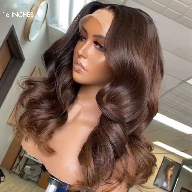 Luvme chestnut brown loose wave 5x5 closure lace glueless long wig made of 100% human hair, mid part style.