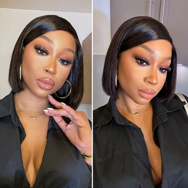Luvme Hair 5x5 closure wig featuring silky straight, breathable cap with swoop bangs and deep left C part, glueless lace bob style