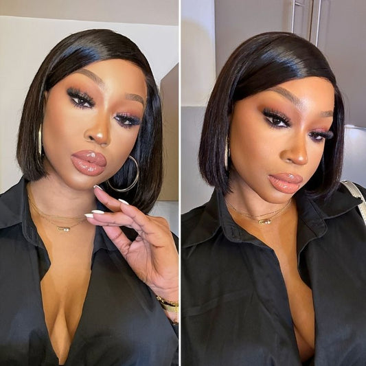 Luvme Hair 5x5 closure wig featuring silky straight, breathable cap with swoop bangs and deep left C part, glueless lace bob style