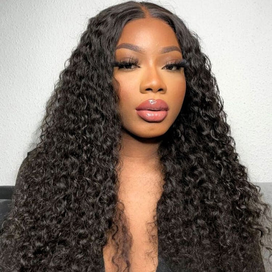 Luvme deep wave 4x4 closure lace wig with long curly 100% human hair, glueless, mid-part style in natural black color.
