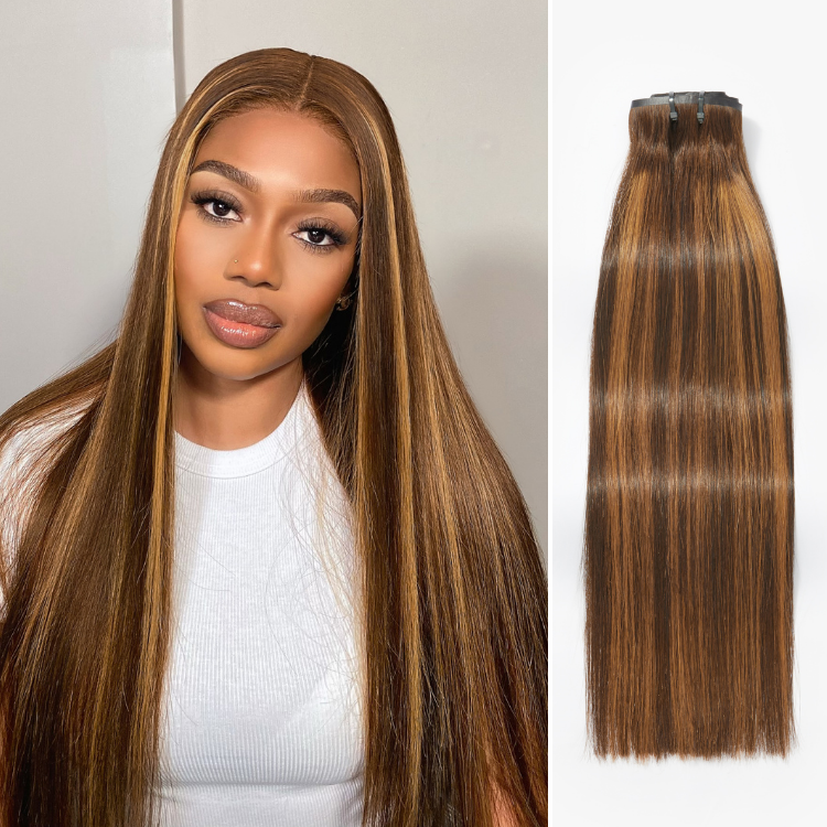 Luvme Hair seamless brown highlights silky straight clip-in hair extensions, 7 or 9 pieces, with free gift included.