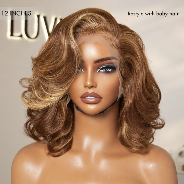 Luvme Hair PreMax Honey Brown with Blonde Highlights 13x6 Frontal Lace Human Hair Wig with bouncy body wave style