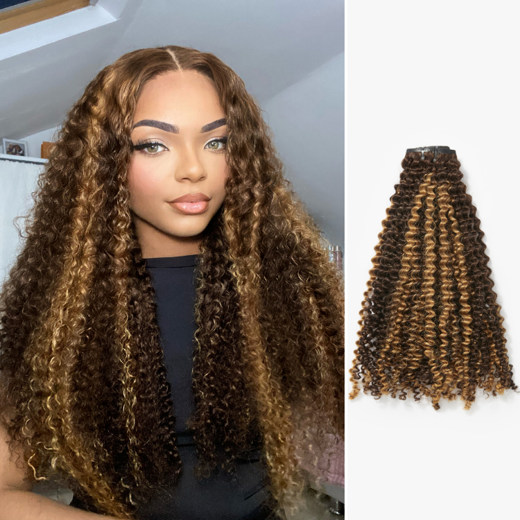 Luvme Hair seamless brown highlights kinky curly clip-in hair extensions with 9 or 7 pieces, including a free gift, 135g weight.