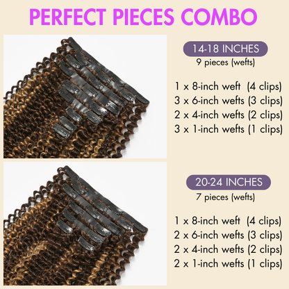 Luvme Hair seamless brown highlights kinky curly clip-in hair extensions, 135g, 9 or 7 pieces with a free gift