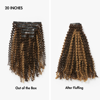 Luvme Hair seamless brown highlights kinky curly clip-in hair extensions in 9 or 7 pieces, showing textured curly strands.
