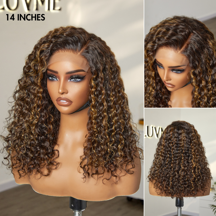 Luvme brown highlights Funmi curly 5x5 closure lace wig with long curls, glueless, beginner friendly, US style.