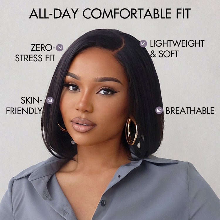 Luvme Hair AiryFit™ minimal lace wig with silky blunt cut bob, HD lace, snug fit, short style, and pre-cut lace for a natural look.