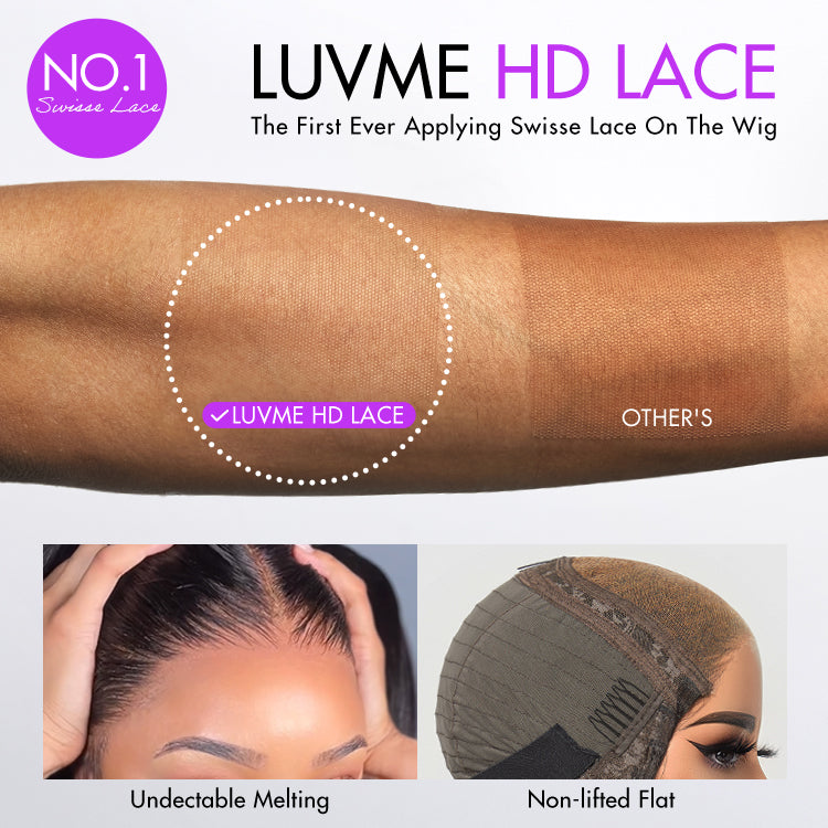 Luvme Hair honey blonde highlight 5x5 closure wig with silky straight texture, HD lace, long length, and 180% density.