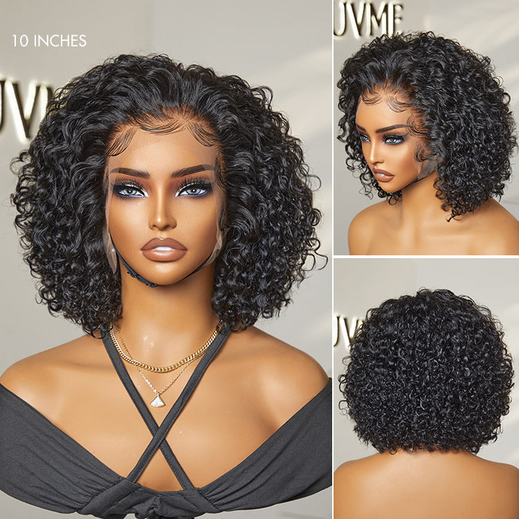 Luvme Hair ultra natural short curly wig with wide T lace front, slicked back style, glueless ear-to-ear fit, perfect for a natural look