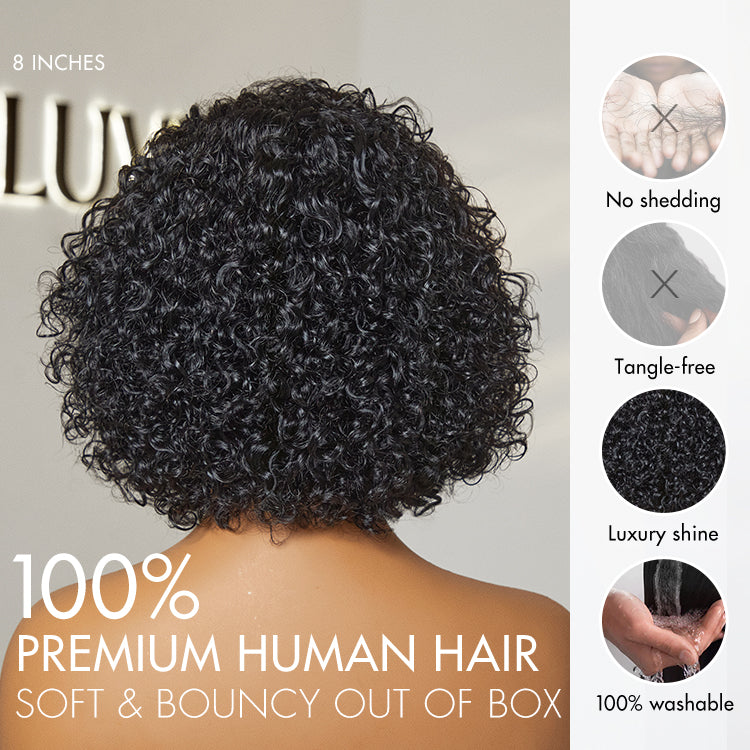 Luvme Hair ultra natural short curly wig with slicked back style, glueless ear-to-ear wide lace front for a seamless look