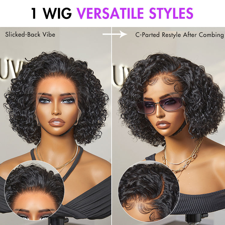 Luvme Hair ultra natural short curly wig with slicked back style, glueless ear-to-ear wide T lace front, showcasing textured curls.