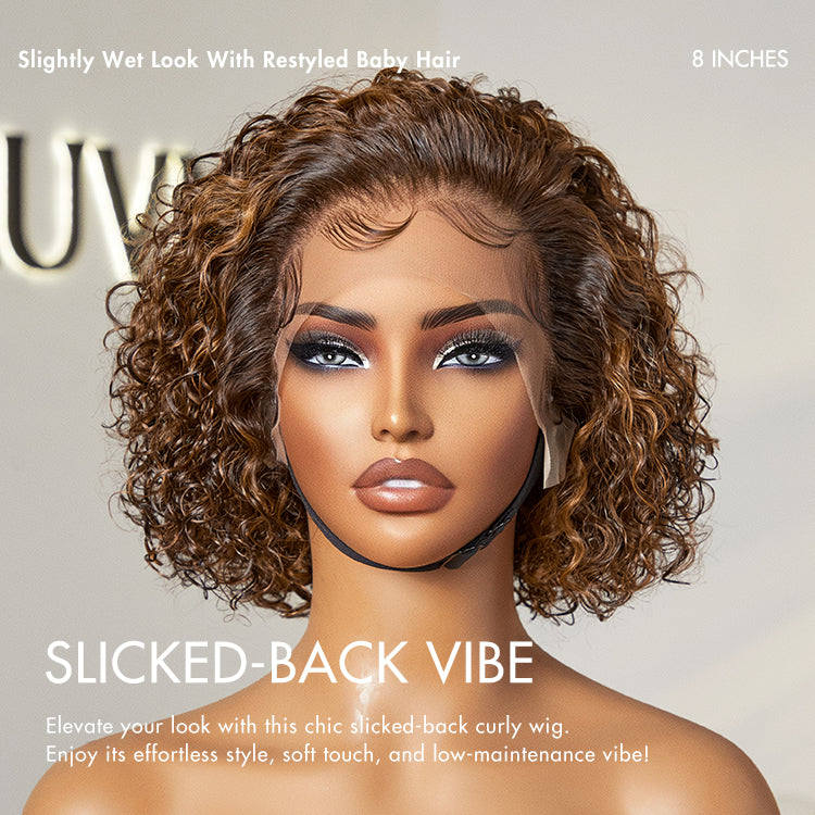 Brown highlight and jet black short cut curly lace wig with slicked back style from Luvme Hair, ear-to-ear wide T lace.