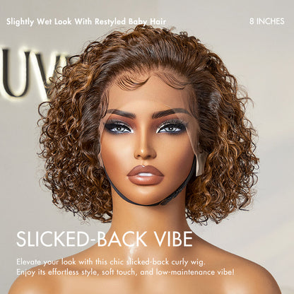 Brown highlight and jet black short cut curly lace wig with slicked back style from Luvme Hair, ear-to-ear wide T lace.