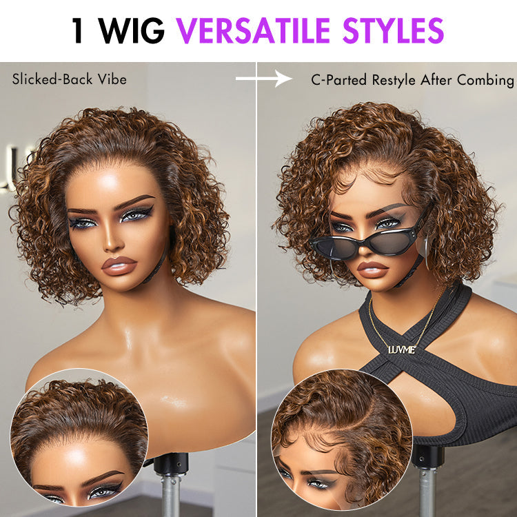 Luvme Hair brown highlight and jet black short cut curly lace wig with slicked back style, ear-to-ear wide T lace, natural curls