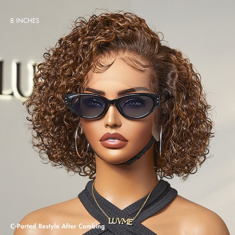 Luvme Hair brown highlight and jet black short cut curly lace wig with slicked-back style and ear-to-ear wide T lace design