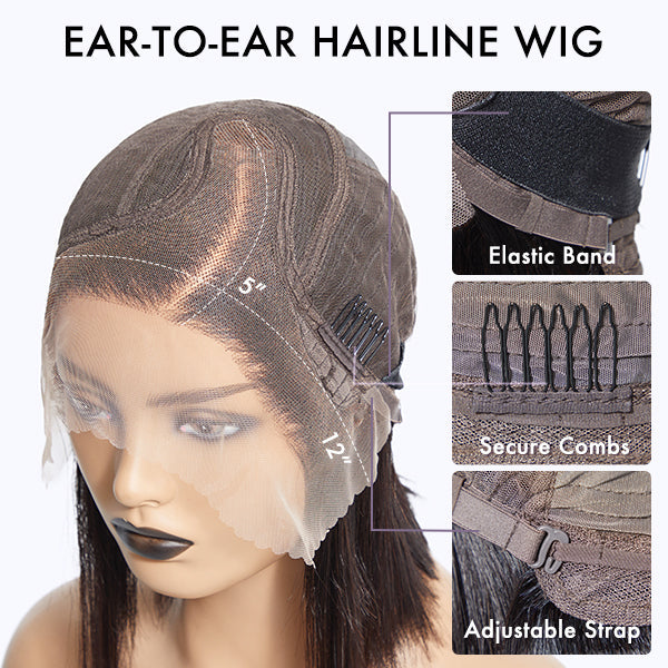 Luvme Hair brown highlight and jet black short cut slicked back curly lace wig with ear-to-ear wide T lace detail.