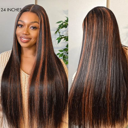 Classic Copper Ombre Highlights Silky Straight Glueless 5x5 Closure Lace Wig - US Only-08