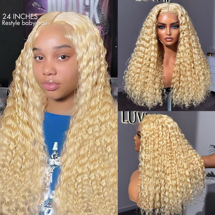Golden blonde 613 water wave 5x5 closure wig by Luvme Hair with invisible HD lace and long curly 100% human hair.