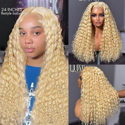 Golden blonde 613 water wave 5x5 closure wig by Luvme Hair with invisible HD lace and long curly 100% human hair.