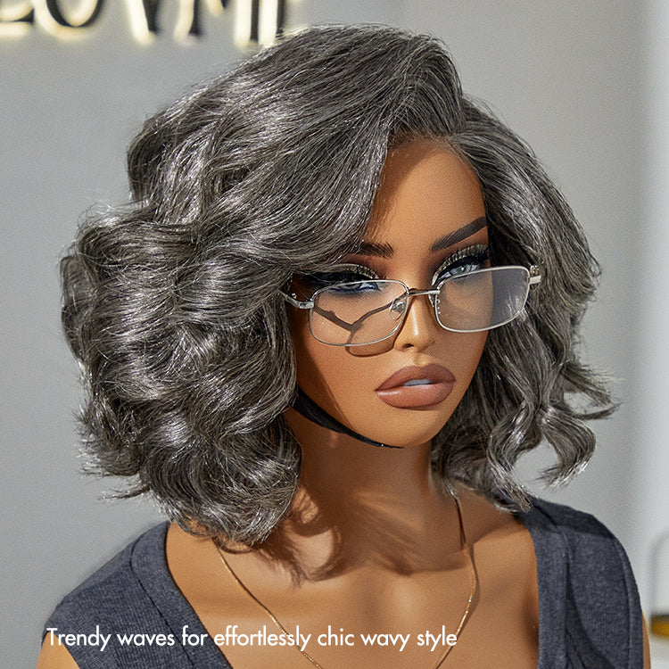 Luvme Hair elegant grey lace wig with loose body wave style, short length, glueless design, pre-cut lace, minimalistic look