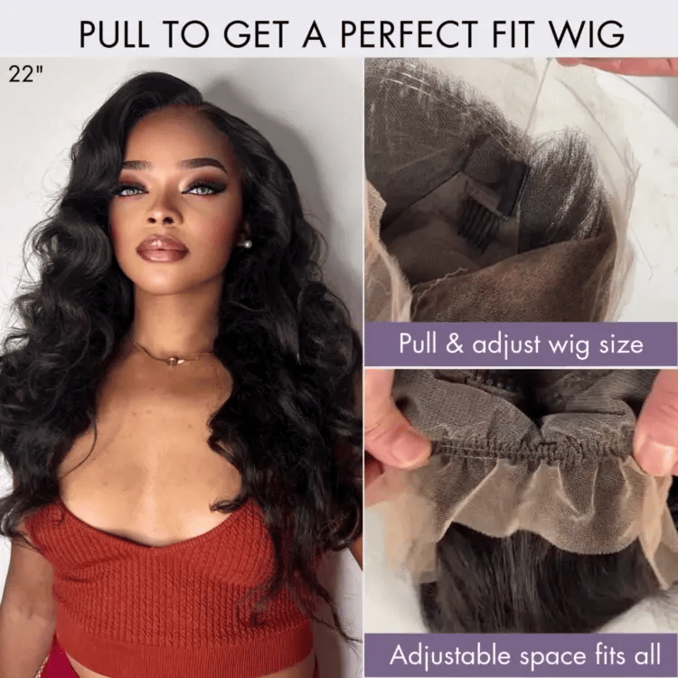 Luxury HD full lace human hair wig by Luvme Hair with loose body wave texture and drawstring cap for a flexible fit.