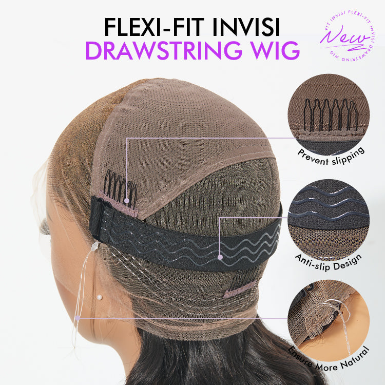 Luxury HD full lace human hair wig with loose body wave style, flexible drawstring cap, by Luvme Hair, showcasing the wig's cap and waves.