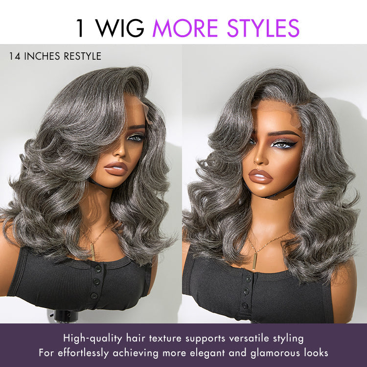 Layered grey Wavy wig by Luvme Hair with HD lace, shoulder-length, glueless, minimalistic blowout salt and pepper style.