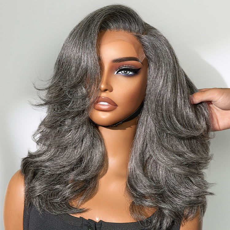Gray layered blowout wig with shoulder-length wavy style, glueless design, HD lace, from Luvme Hair.