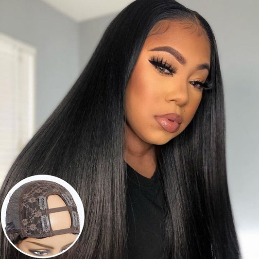Luvme silky straight U-part human hair wig with natural hair texture and seamless U-shape for easy, quick styling.