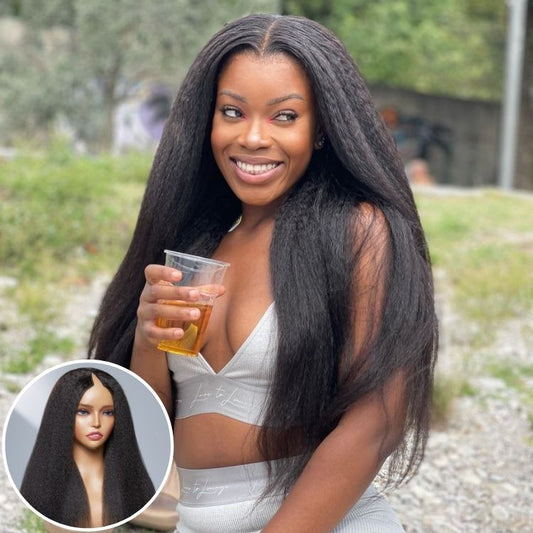 Luvme protective V part long wig made of 100% human hair in kinky straight, body wave, or curly textures displayed on model