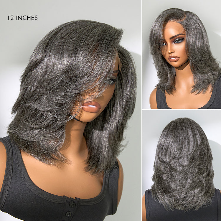 Layered grey wig by Luvme Hair, shoulder-length wavy blowout style with HD lace, minimalistic and glueless for natural look.