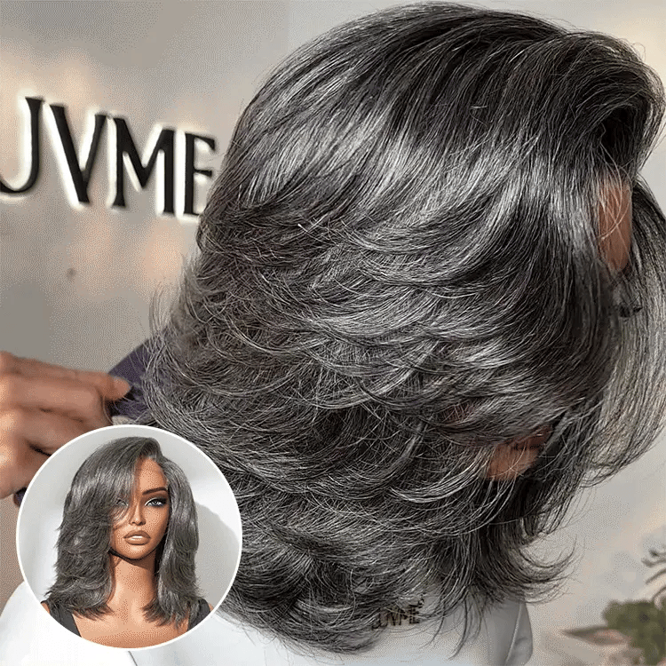 Layered grey wig by Luvme Hair featuring shoulder-length, wavy, glueless HD lace, minimalistic blowout style with salt and pepper color