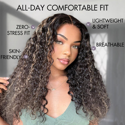 Luvme Hair AiryFit™ blonde highlight water wave long curly wig with 5x5 lace closure and snug fit, pre-cut lace, glueless style